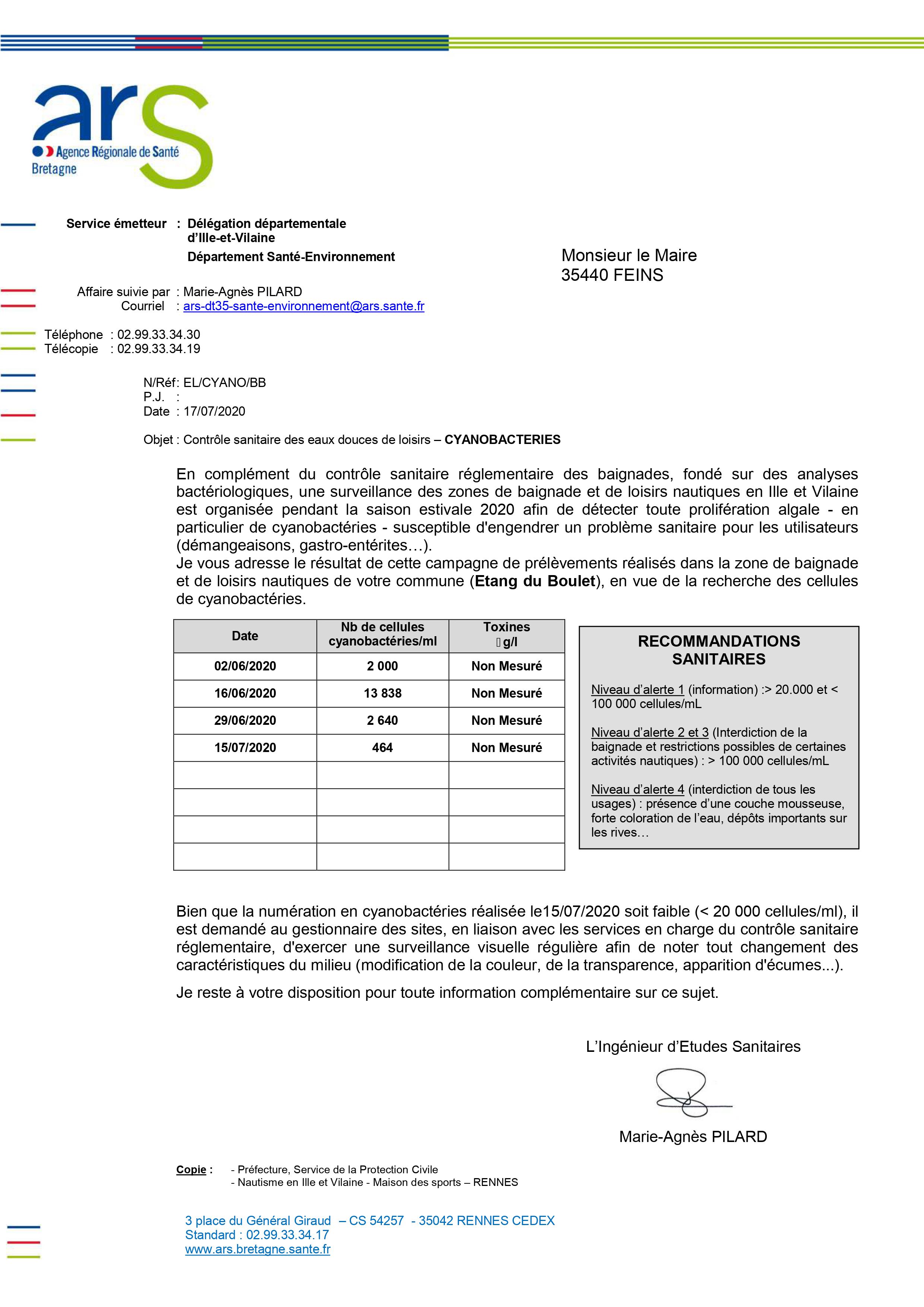 Résultats du contrôle sanitaire de l'eau - Domaine de Boulet
